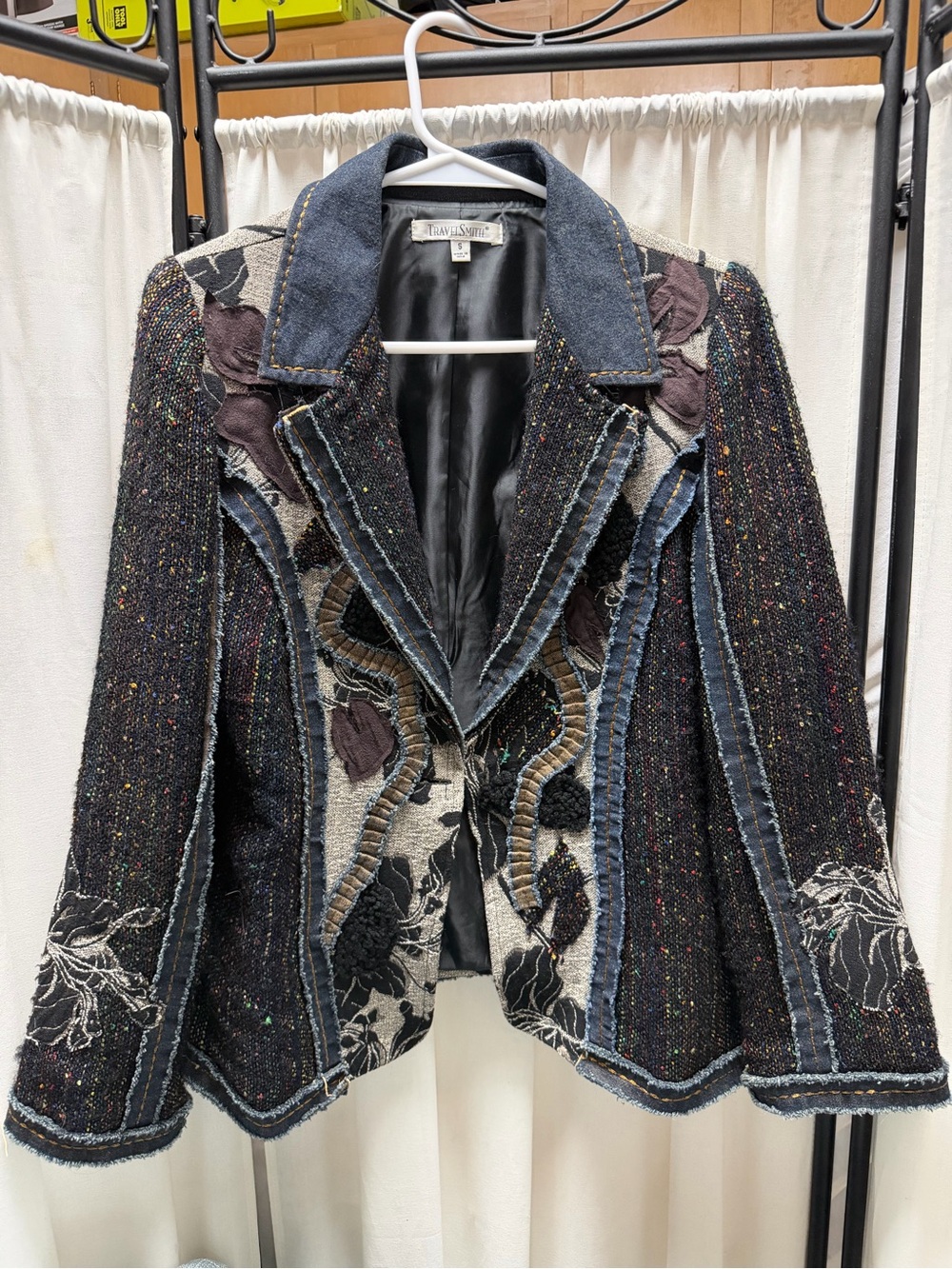TravelSmith Black Tweed Mixed-Media Blazer with Denim Trim